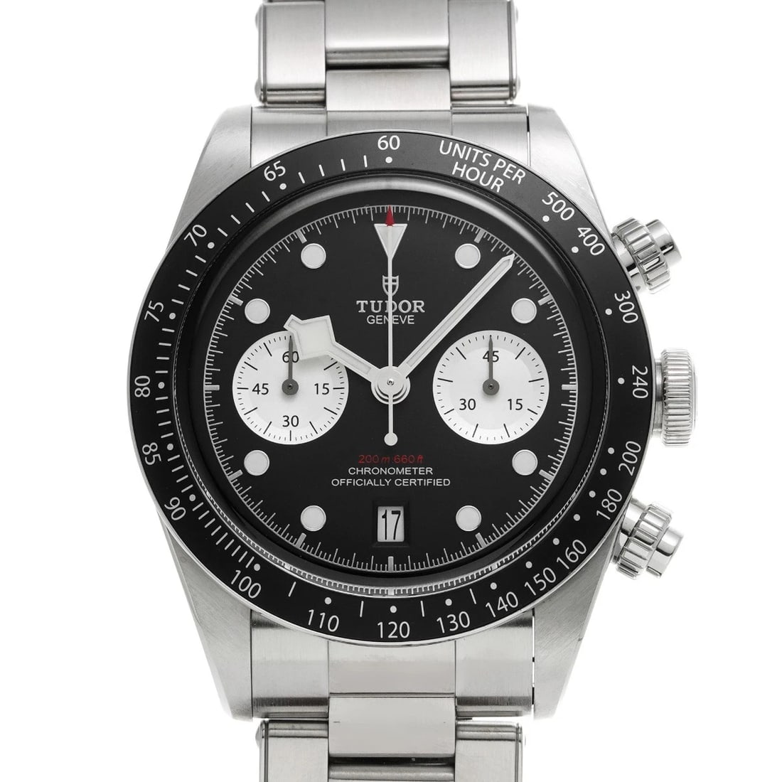 TUDOR BLACK BAY CHRONO BLACK/SILVER WATCH: TUDOR Black Bay Chrono black/Silver Watch Brand: TUDOR Type/Style: Wristwatch Material: Band Material Stainless steel, Case Material Stainless steel Color: Dial Color black Size: ?Case? H/about 41mm