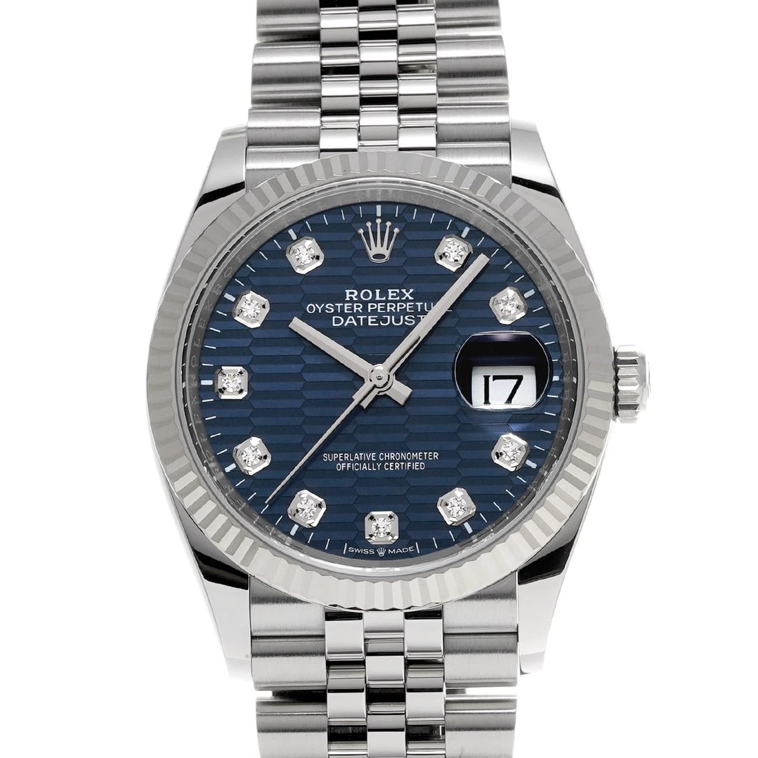 ROLEX BRIGHT BLUE FLUTED MOTIF/DIAMOND WATCH: ROLEX Bright Blue Fluted Motif/diamond Watch Brand: ROLEX Type/Style: Wristwatch Material: Band Material Stainless steel, Case Material Stainless steel Color: Dial Color Bright Blue Fluted Motif Size: