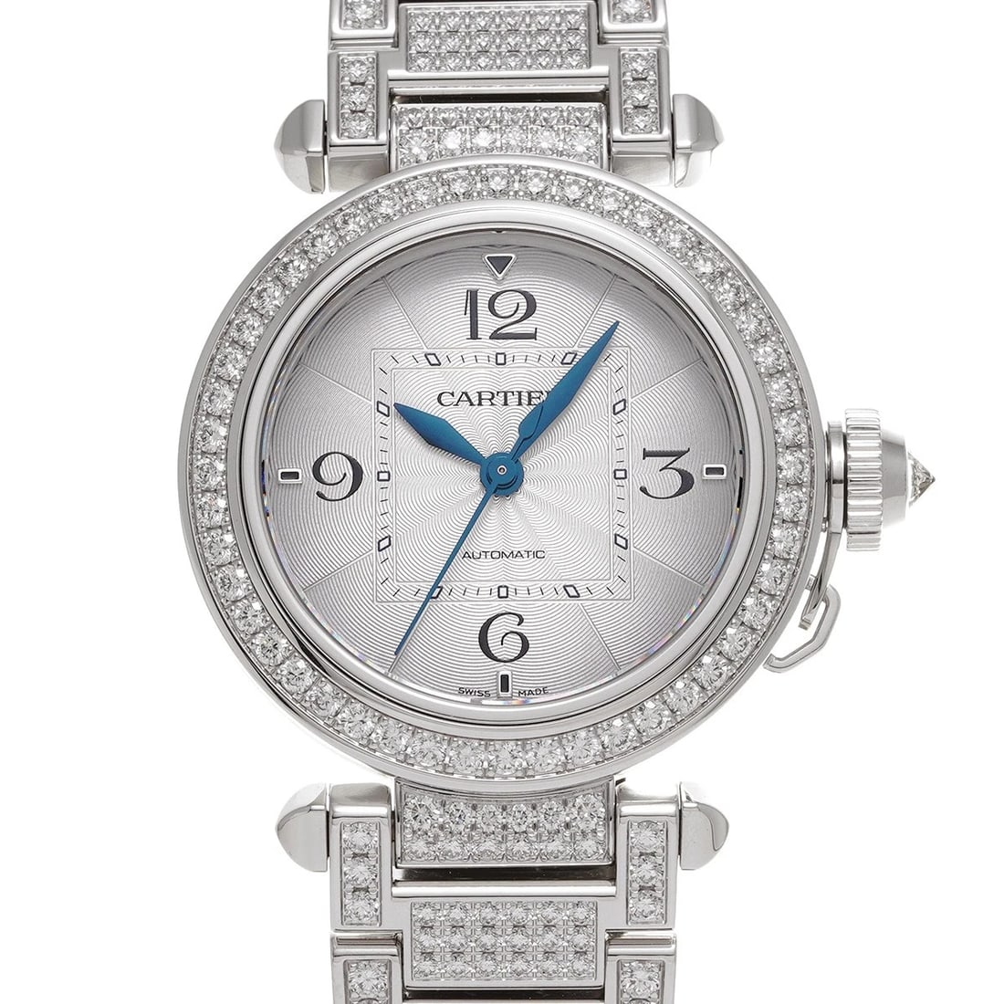 CARTIER PASHA DE CARTIER SILVER WATCH: CARTIER Pasha de Cartier Silver Watch Brand: CARTIER Type/Style: Wristwatch Material: Band Material White gold/diamond, Case Material White gold Color: Dial Color Silver Size: ?Case? H/about 35mm