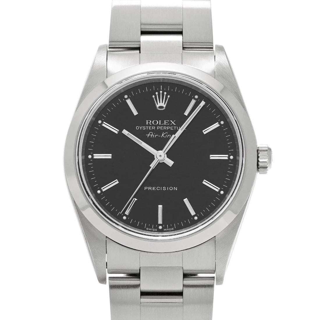 ROLEX AIR-KING BLACK WATCH: ROLEX Air-King black Watch Brand: ROLEX Type/Style: Wristwatch Material: Band Material Stainless steel, Case Material Stainless steel Color: Dial Color black Size: ?Case? H/about 34mm W/about 34mm