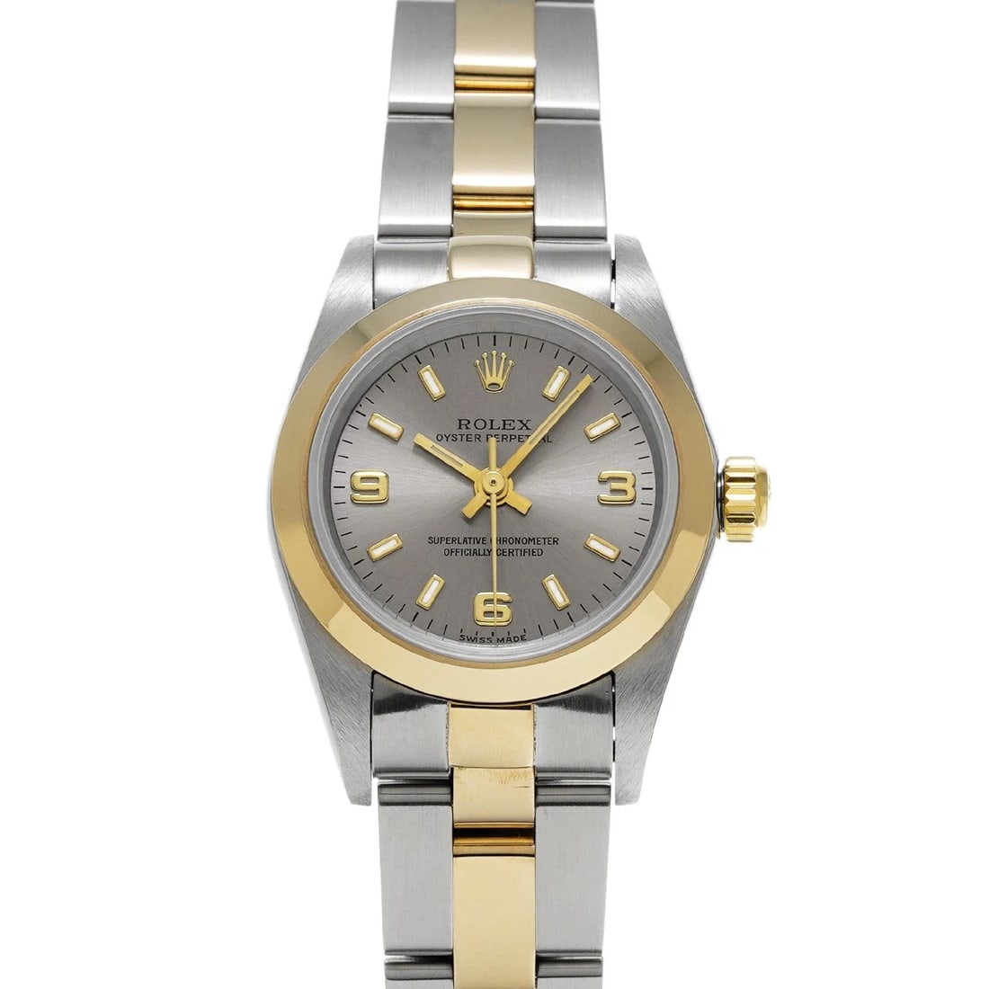 ROLEX OYSTER PERPETUAL GRAY WATCH: ROLEX Oyster Perpetual gray Watch Brand: ROLEX Type/Style: Wristwatch Material: Band Material Stainless steel/Yellow Gold, Case Material Stainless steel Color: Dial Color gray Size: ?Case? H/about