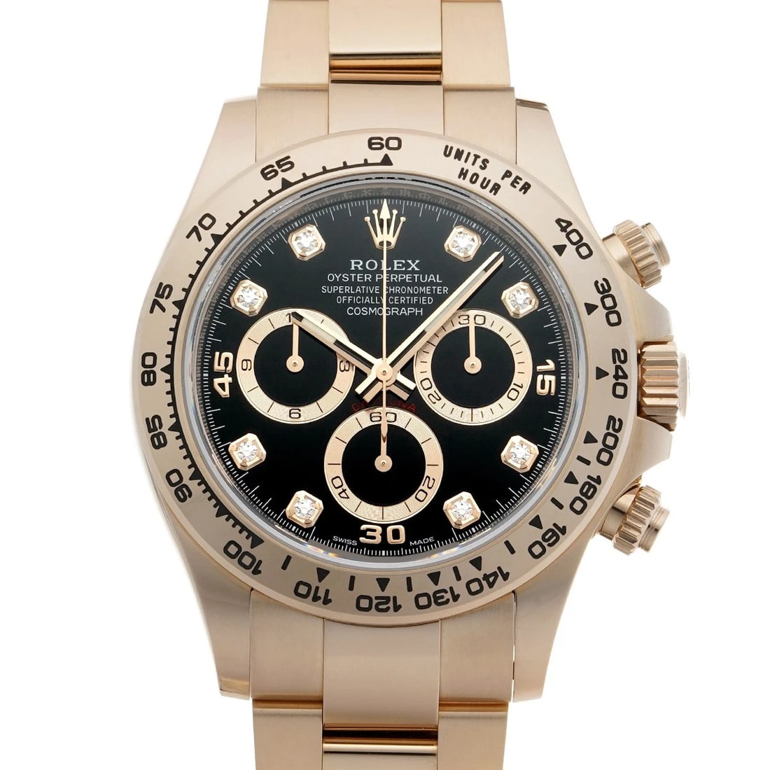 ROLEX COSMOGRAPH DAYTONA BLACK/DIAMOND WATCH: ROLEX Cosmograph Daytona black/diamond Watch Brand: ROLEX Type/Style: Wristwatch Material: Band Material Everrose gold, Case Material Everrose gold Color: Dial Color black Size: ?Case? H/about 40mm