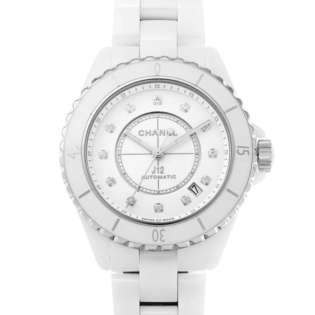 CHANEL CALIBER WHITE LACQUER/DIAMOND WATCH: CHANEL Caliber White lacquer/diamond Watch Brand: CHANEL Type/Style: Wristwatch Material: Band Material ceramic, Case Material ceramic Color: Dial Color White lacquer Size: ?Case? H/about 38mm