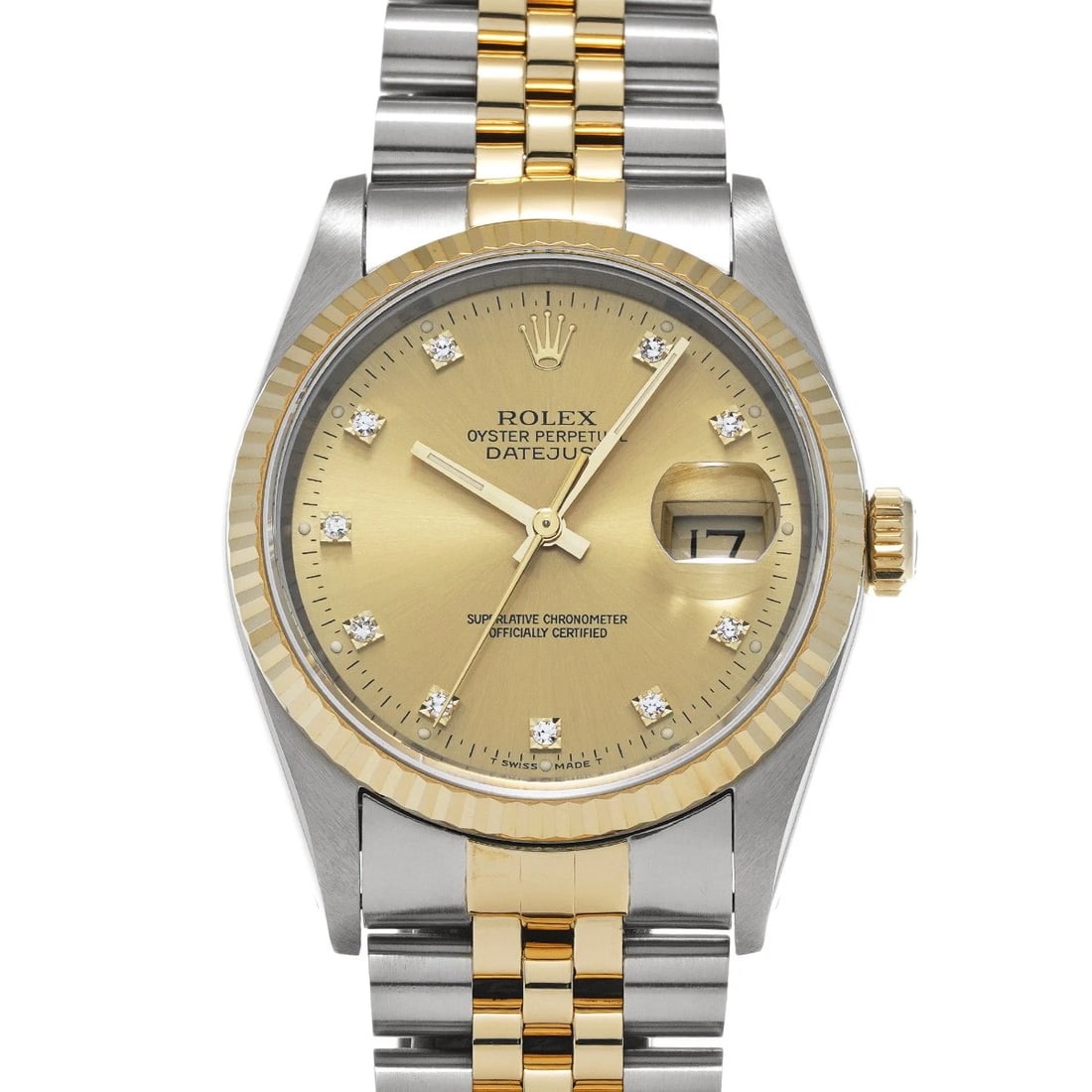 ROLEX CHAMPAGNE/DIAMOND WATCH: ROLEX Champagne/diamond Watch Brand: ROLEX Type/Style: Wristwatch Material: Band Material Stainless steel/Yellow Gold, Case Material Stainless steel Color: Dial Color Champagne Size: ?Case? H/about 36