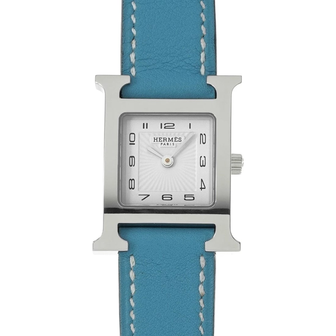 HERMES BLUE WATCH: HERMES blue Watch Brand: HERMES Type/Style: Wristwatch Material: Band Material leather, Case Material Stainless steel Color: Dial Color blue Size: ?Case? H/about 21mm W/about 21mm Circumference of Wri