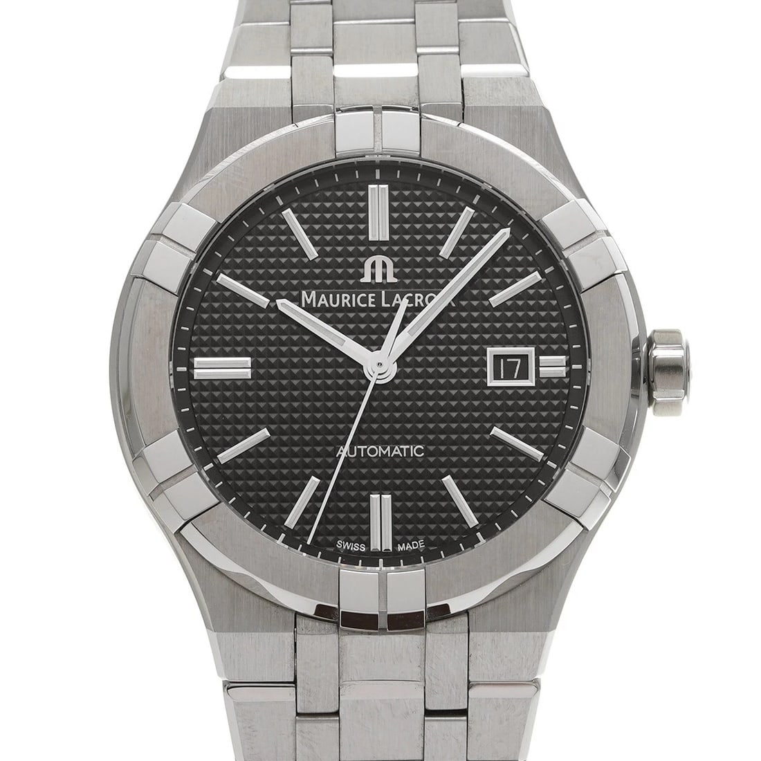 MAURICE LACROIX ICON BLACK WATCH: Maurice Lacroix Icon black Watch Brand: Maurice Lacroix Type/Style: Wristwatch Material: Band Material Stainless steel, Case Material Stainless steel Color: Dial Color black Size: ?Case? H/about 42mm