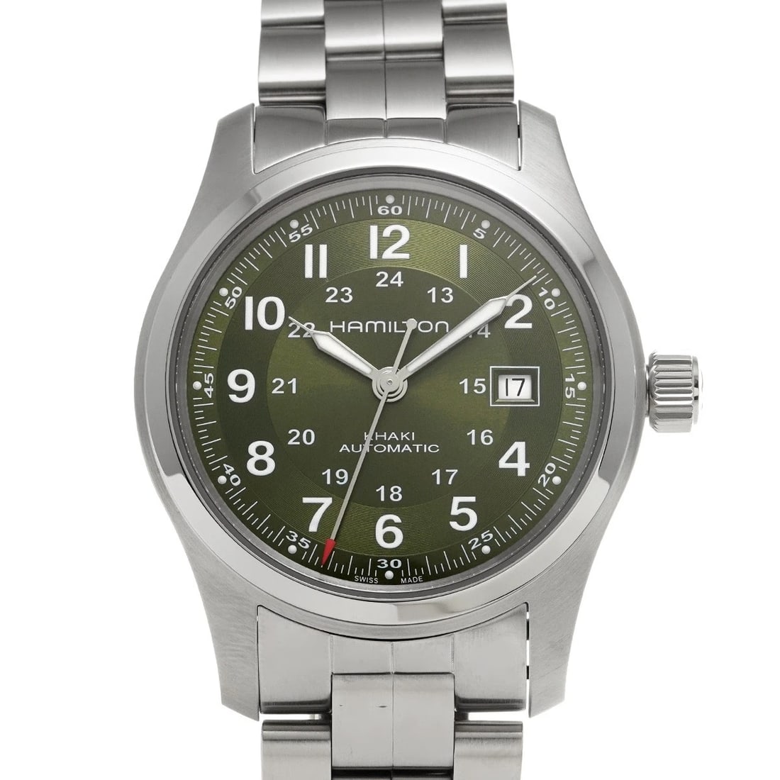 HAMILTON KHAKI GREEN WATCH: HAMILTON Khaki green Watch Brand: HAMILTON Type/Style: Wristwatch Material: Band Material Stainless steel, Case Material Stainless steel Color: Dial Color green Size: ?Case? H/about 42mm W/about 42mm