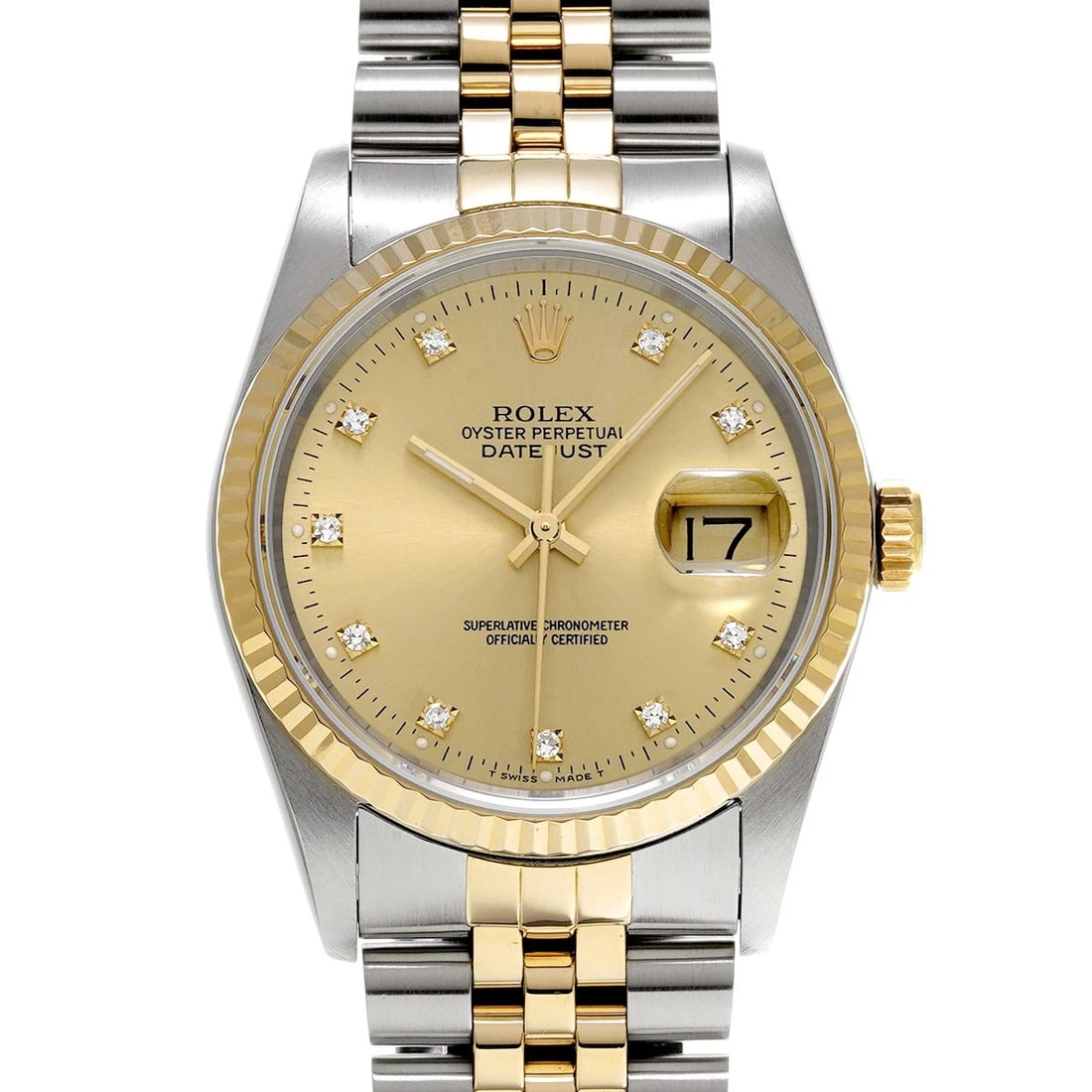 ROLEX CHAMPAGNE/DIAMOND WATCH: ROLEX Champagne/diamond Watch Brand: ROLEX Type/Style: Wristwatch Material: Band Material Stainless steel/Yellow Gold, Case Material Stainless steel Color: Dial Color Champagne Size: ?Case? H/about