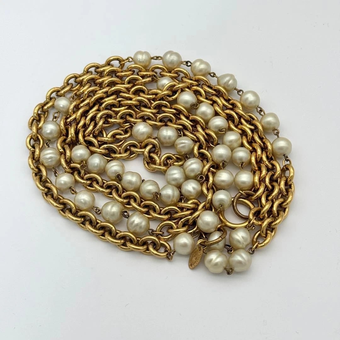CHANEL NECKLACES & PENDANTS PEARL DOUBLE CHAIN LONG GOLD (1 of 5)
