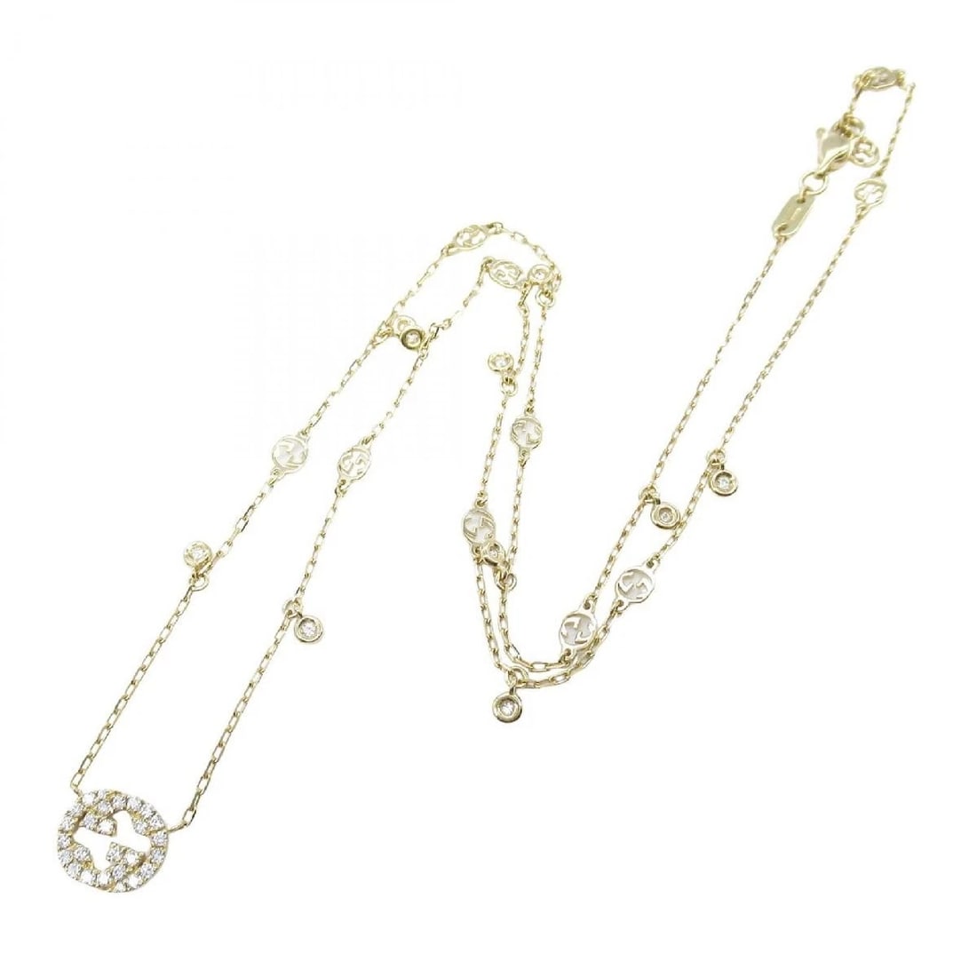 GUCCI INTERLOCKING DIAMOND NECKLACE 18K YELLOW GOLD: Gucci Interlocking Diamond Necklace 18K Yellow Gold Brand: Gucci Type/Style: Necklace Material: 18K Yellow Gold, Diamond, Color: Gold / Clear Size: Neck circumference: ~42.5 cm, Motif width: 10 mm, Mo
