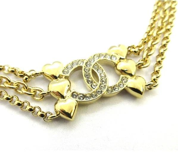 CHANEL NECKLACE COCO MARK CHOKER TRIPLE HEART GOLD CHAIN RHINESTONE: CHANEL Necklace Coco Mark Choker Triple Heart Gold Chain Rhinestone Brand: CHANEL Type/Style: Necklace Material: Metal, Rhinestones, Color: Gold / Rhinestones Size: Chain: Adjustable from 30-37cm