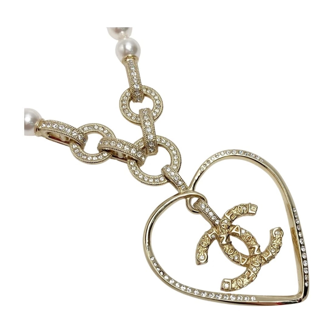 CHANEL COCOMARK HEART MOTIF NECKLACE GOLD PEARL RHINESTONE: CHANEL CocoMark Heart Motif Necklace Gold Pearl Rhinestone Brand: CHANEL Type/Style: Necklace Material: Metal, Color: Champagne Gold Size: Total Length Approx. 54.7 cm [Size] Approx. (Top) 55 mm x 45 