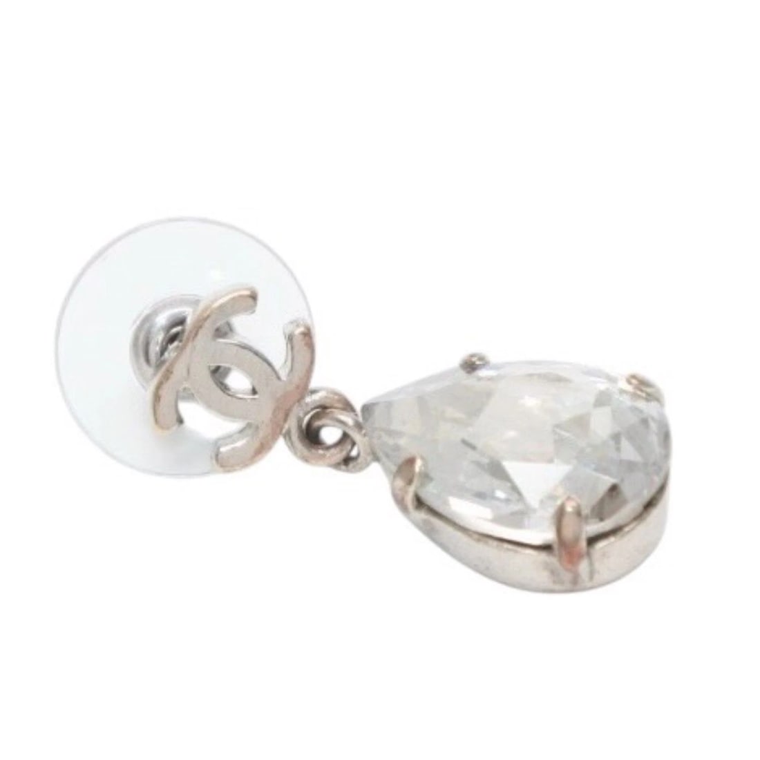 CHANEL CC LOGO PIERCED EARRINGS TEARDROP STONE DANGLE SILVER (1 of 5)