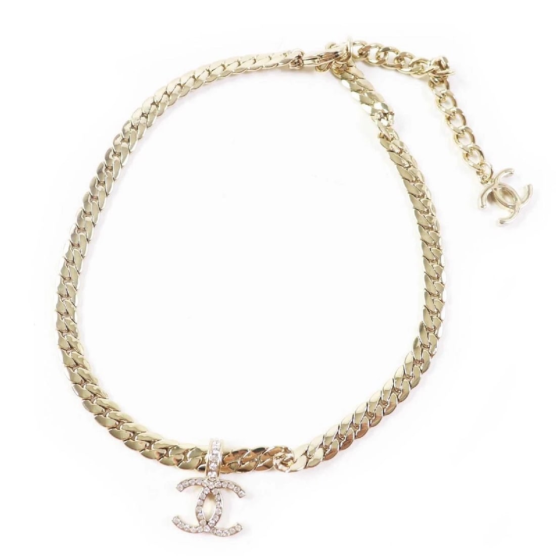 CHANEL NECKLACE COCO MARK CHAIN GOLD METAL STRASS: CHANEL Necklace Coco Mark Chain Gold Metal Strass Brand: CHANEL Type/Style: Necklace Material: Metal/Strass, Color: Gold Size: [Actual Measurements] Top Length: Approx. 0.8 inches (2 cm), Top Width: