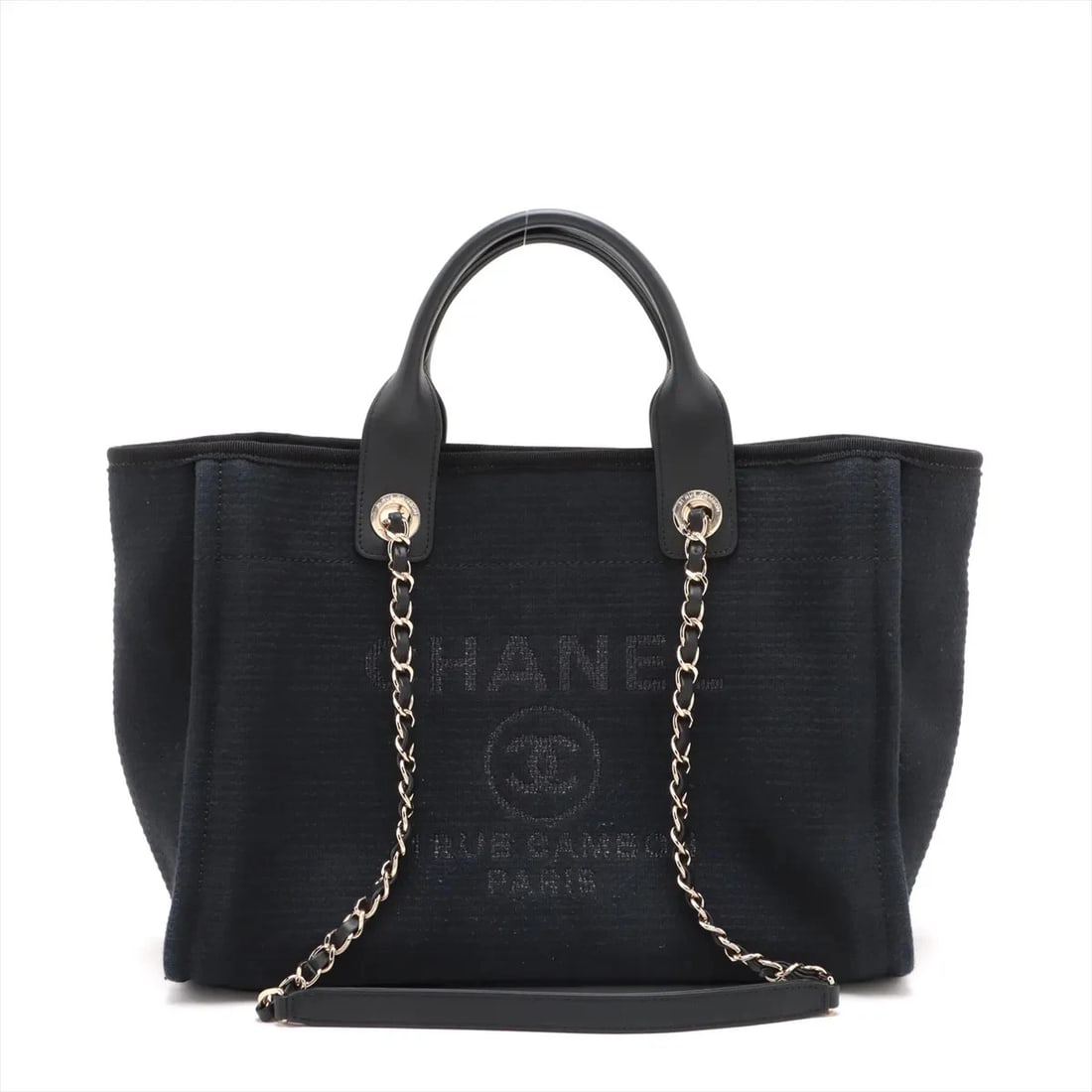 CHANEL DEAUVILLE MM CANVAS 2 WAY TOTE BAG BLACK: Chanel Deauville MM canvas 2 Way Tote Bag Black Brand: Chanel Type/Style: Tote bag Material: canvas Color: Black Size: Height:9.4inchLength:13.0inchDepth:5.9inch Accessories: None Accessories Notice: