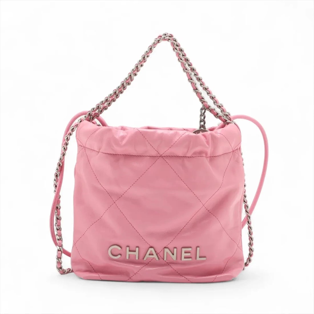 CHANEL 22 MINI SHINY CALFSKIN CHAIN SHOULDER BAG: Chanel 22 Mini shiny calfskin Chain Shoulder Bag Brand: Chanel Type/Style: Shoulder bag Material: shiny calfskin Color: Pink Size: Height:7.3inchLength:6.7inchDepth:2.4inch Accessories: None <