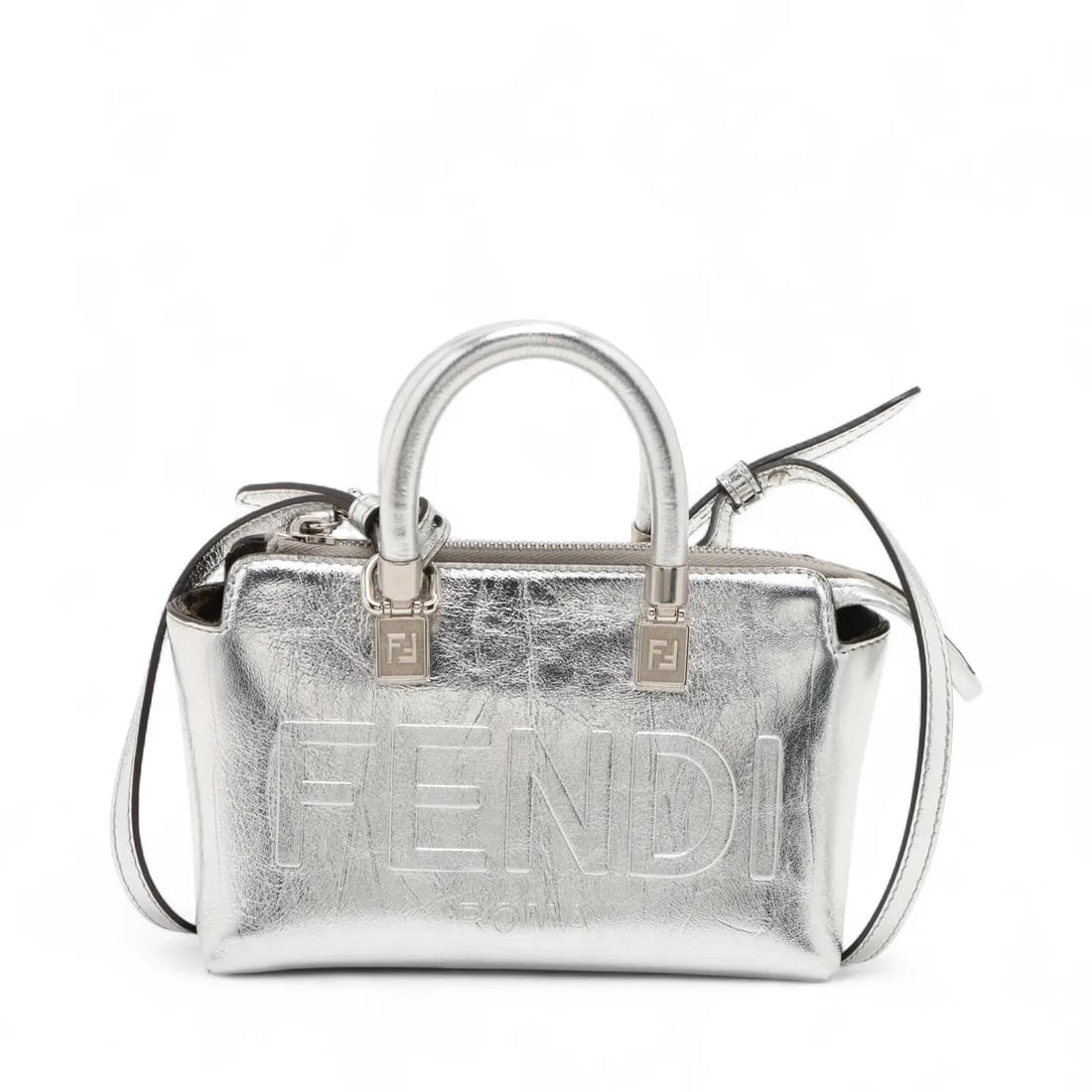 FENDI BY THE WAY MINI LEATHER 2 WAY HANDBAG: Fendi By The Way Mini Leather 2 Way Handbag Brand: Fendi Type/Style: Sunglasses Material: Leather Color: Silver Size: Height:4.1inchLength:6.9inchDepth:3.1inch Accessories: None Accessorie