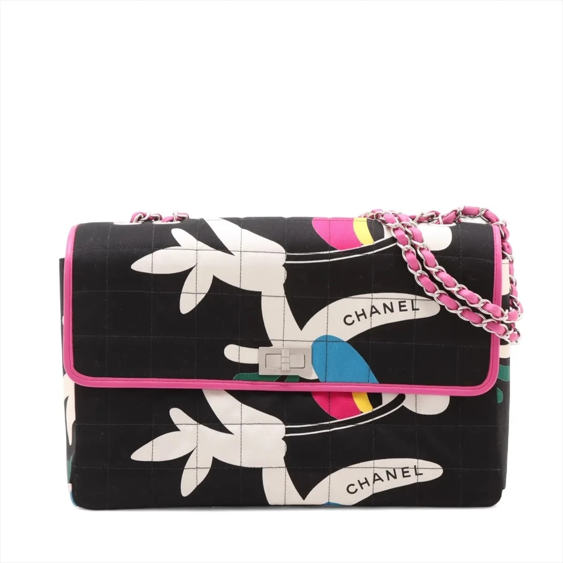 CHANEL CHOCOLATE BAR COTTON X LAMBSKIN SINGLE FLAP DOUBLE CHAIN BAG: Chanel Chocolate Bar cotton x lambskin Single Flap Double Chain Bag Brand: Chanel Type/Style: Shoulder bag Material: Cotton x Lambskin Color: Black x pink Size: Height:8.1inchLength:12.2inchDepth:2.4i
