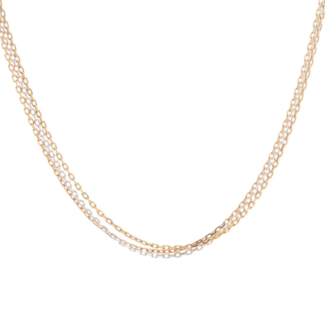 CARTIER THREE GOLD TRIPLE CHAIN NECKLACE 750(YG?PG?WG): Cartier Three Gold triple chain Necklace 750(YG?PG?WG) Brand: Cartier Type/Style: Necklace Material: 750(YG PG WG), Main Stone/Creation Natural Color: YG PG WG Size: (CM) Chain length:55.6 (Inch) Chai