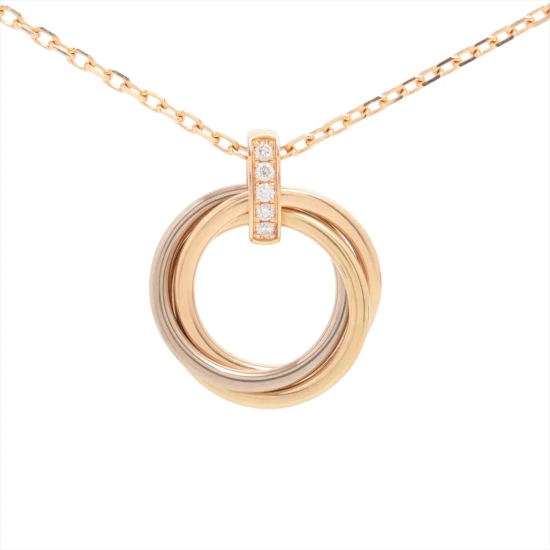 CARTIER TRINITY DIAMOND NECKLACE 750(YG?PG?WG): Cartier Trinity diamond Necklace 750(YG?PG?WG) Brand: Cartier Type/Style: Necklace Material: 750(PG), Main Stone/Creation Natural Color: PG Size: (CM) Chain length:41.5 (Inch) Chain Length:16.3inch