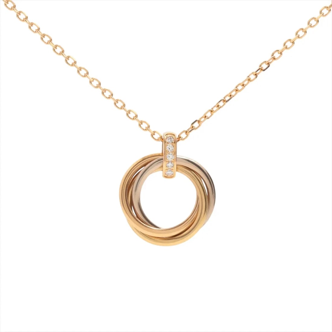 CARTIER TRINITY DIAMOND NECKLACE 750(YG?PG?WG): Cartier Trinity diamond Necklace 750(YG?PG?WG) Brand: Cartier Type/Style: Necklace Material: 750(YG PG WG), Main Stone/Creation Natural Color: YG PG WG Size: (CM) Chain length:42.5 (Inch) Chain Length