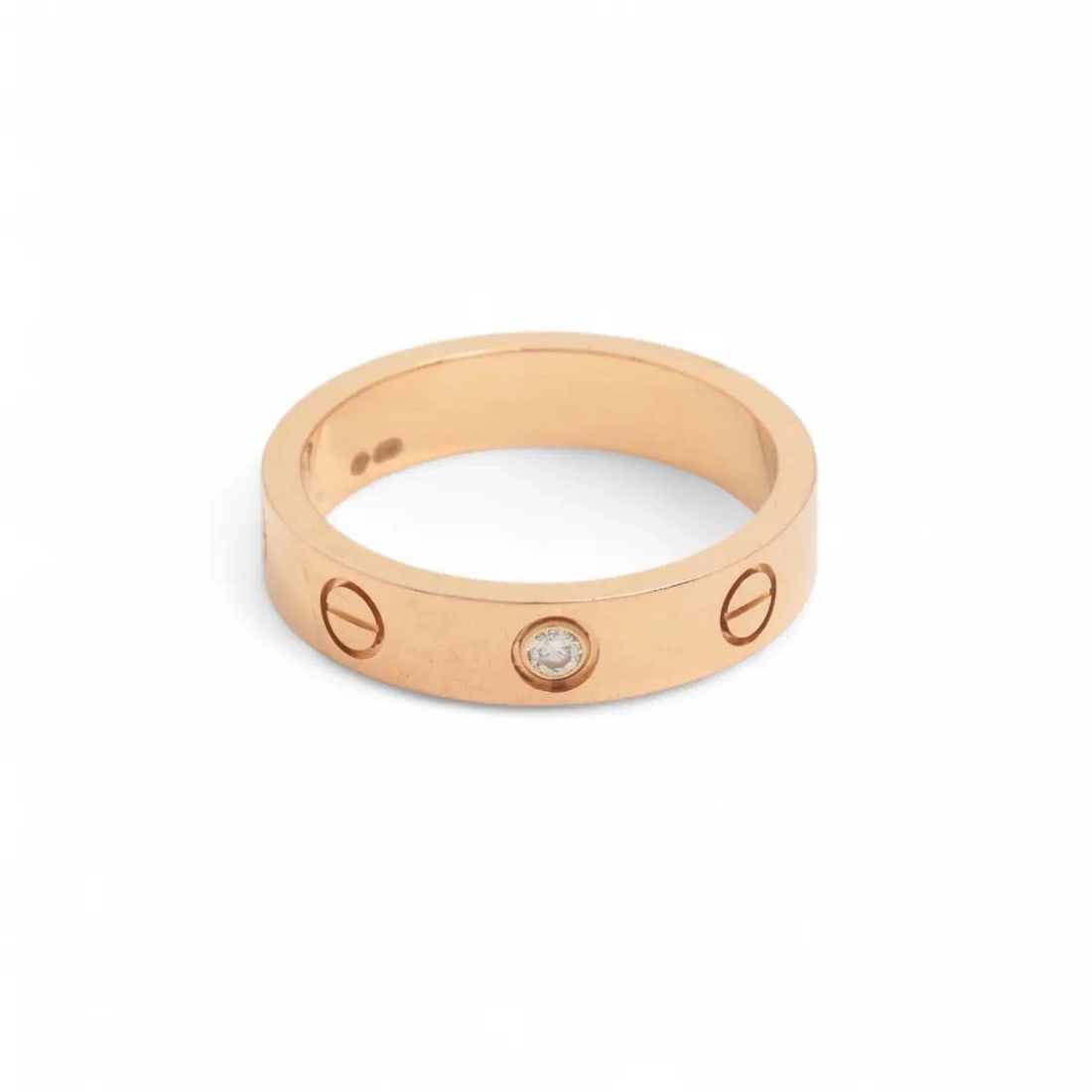 CARTIER MINI LOVE 1P DIAMOND RING 750(PG): Cartier Mini Love 1P diamond Ring 750(PG) Brand: Cartier Type/Style: Ring Material: 750(PG), Main Stone/Creation Natural Color: PG Size: 5 - 5.25 US Accessories: None Accessories Notice: When