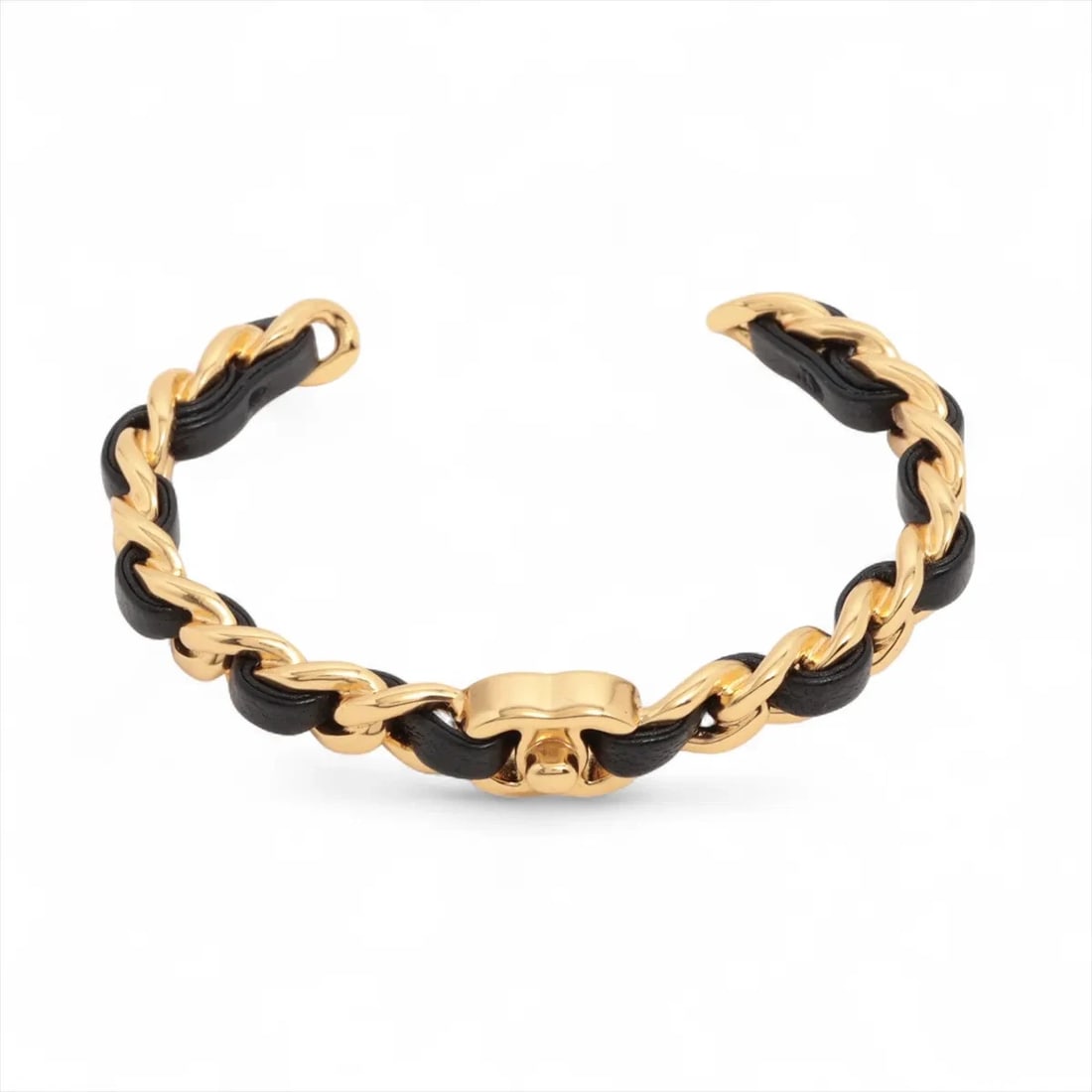 CHANEL COCO MARK TURNLOCK BANGLE GP & LEATHER GOLD?BLACK: Chanel Coco Mark Turnlock Bangle GP & Leather gold?black Brand: Chanel Type/Style: Bracelet Material: GP, Color: Leather gold?black Size: (CM) Bracelet length:14.5 Accessories: None Access