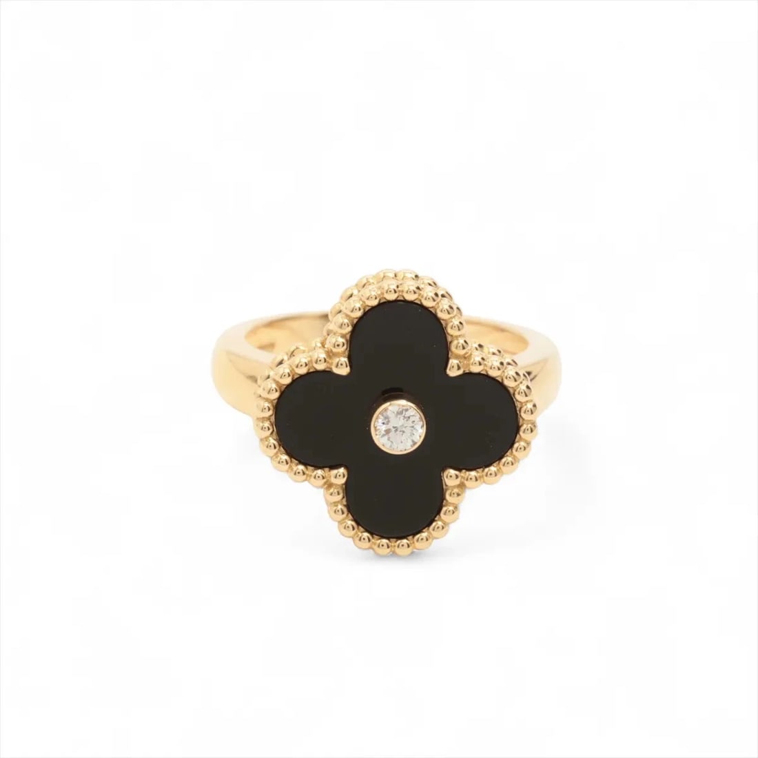 VAN CLEEF & ARPELS ALHAMBRA ONYX DIAMOND RING: Van Cleef & Arpels Alhambra Onyx diamond Ring Brand: Van Cleef & Arpels Type/Style: Ring Material: 750(YG), Main Stone/Creation Onyx Natural Color: YG Size: 4.5 US Accessories: None Accessories