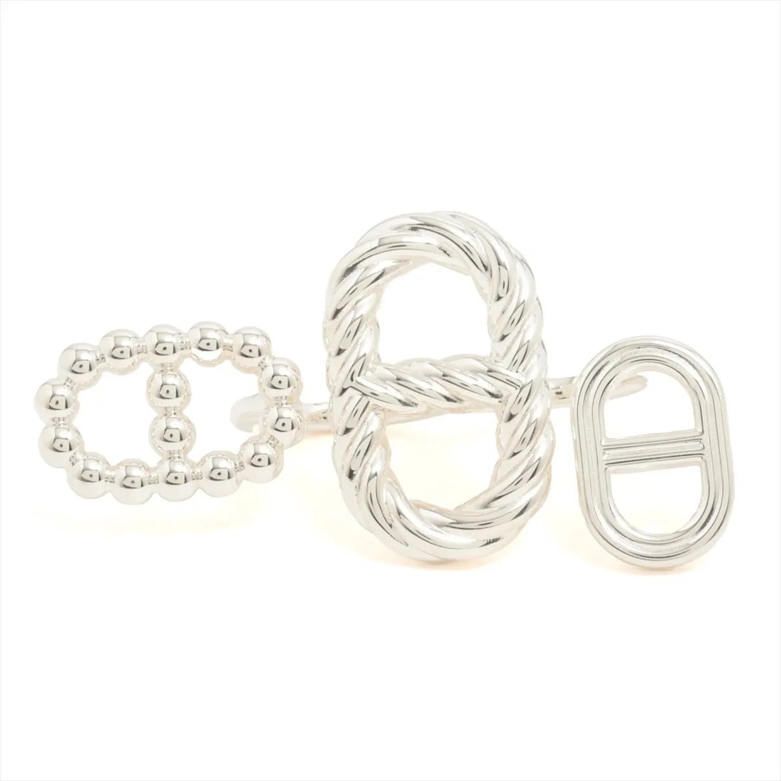 HERMES CHAINE D'ANCRE ALEA II DOUBLE RING: Hermes Chaine D'Ancre Alea II double ring Brand: Hermes Type/Style: Ring Material: 925, Color: Silver Size: 5.25 US Accessories: None Accessories Notice: When purchasing pre-owned goods, please refer