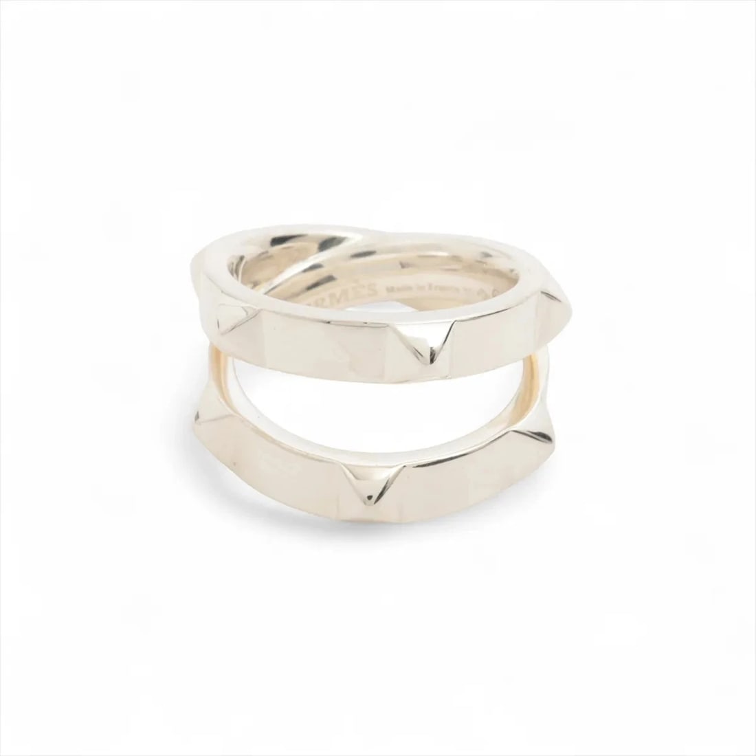 HERMES MINI CREW DOUBLE RING SILVER: Hermes mini crew double Ring Silver Brand: Hermes Type/Style: Ring Material: 925, Color: Silver Size: 5.25 US Accessories: None Accessories Notice: When purchasing pre-owned goods, please