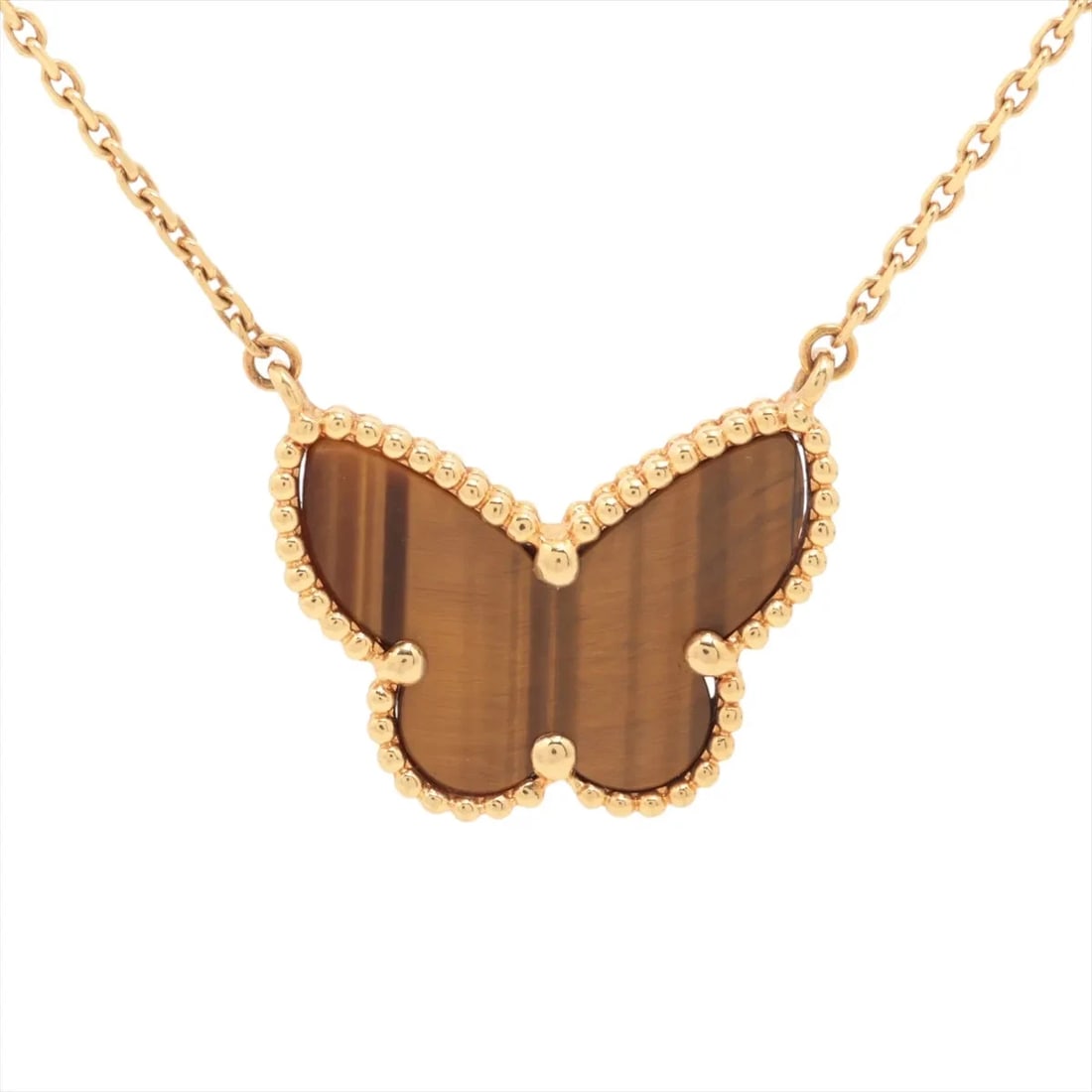 VAN CLEEF & ARPELS LUCKY ALHAMBRA PAPILLON TIGAR EYE NECKLACE: Van Cleef & Arpels Lucky Alhambra Papillon Tigar eye Necklace Brand: Van Cleef & Arpels Type/Style: Necklace Material: 750(YG), Color: YG Size: (CM) Chain length:42 Accessories: None Accessories
