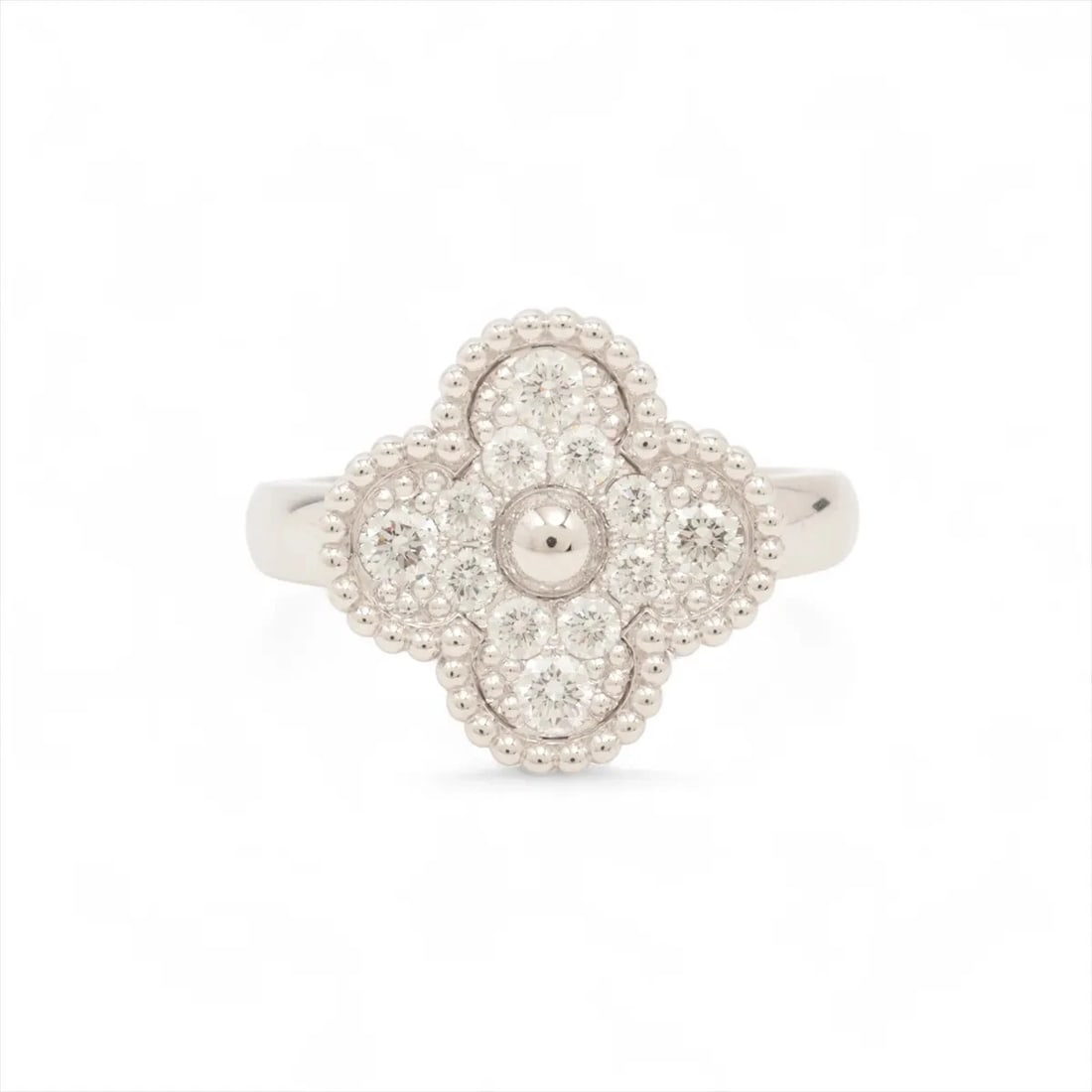 VAN CLEEF & ARPELS ALHAMBRA DIAMOND RING 750(WG): Van Cleef & Arpels Alhambra diamond Ring 750(WG) Brand: Van Cleef & Arpels Type/Style: Ring Material: 750(WG), Main Stone/Creation Natural Color: WG Size: 5.5 - 5.75 US Accessories: None Accessories
