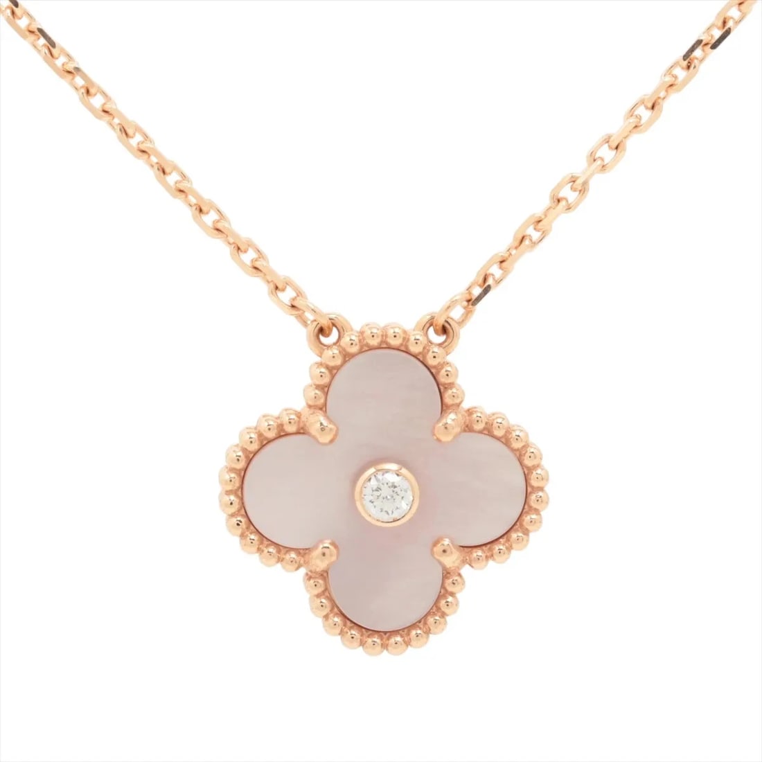 VAN CLEEF & ARPELS ALHAMBRA PINK DIAMOND NECKLACE 750(PG): Van Cleef & Arpels Alhambra Pink diamond Necklace 750(PG) Brand: Van Cleef & Arpels Type/Style: Necklace Material: 750(PG), Main Stone/Creation Natural Color: PG Size: (CM) Chain length:41.9 Acces