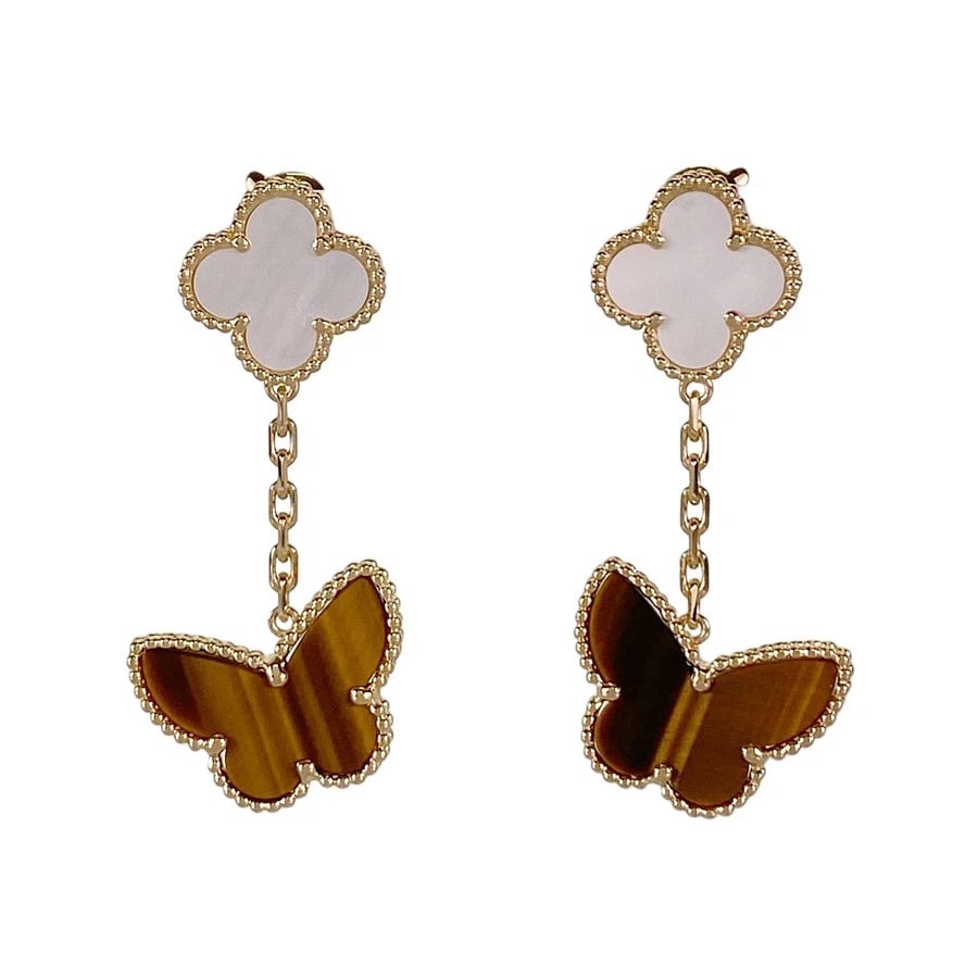 VAN CLEEF & ARPELS LUCKY YELLOW GOLD TIGER EYE EARRING: Van Cleef & Arpels Lucky Yellow gold Tiger Eye Earring Brand: Van Cleef & Arpels Type/Style: Earring Material: 18K Yellow Gold, Color: Gold Size: Motif size (clover):14.8mm?14.8mm Motif size (Papillon