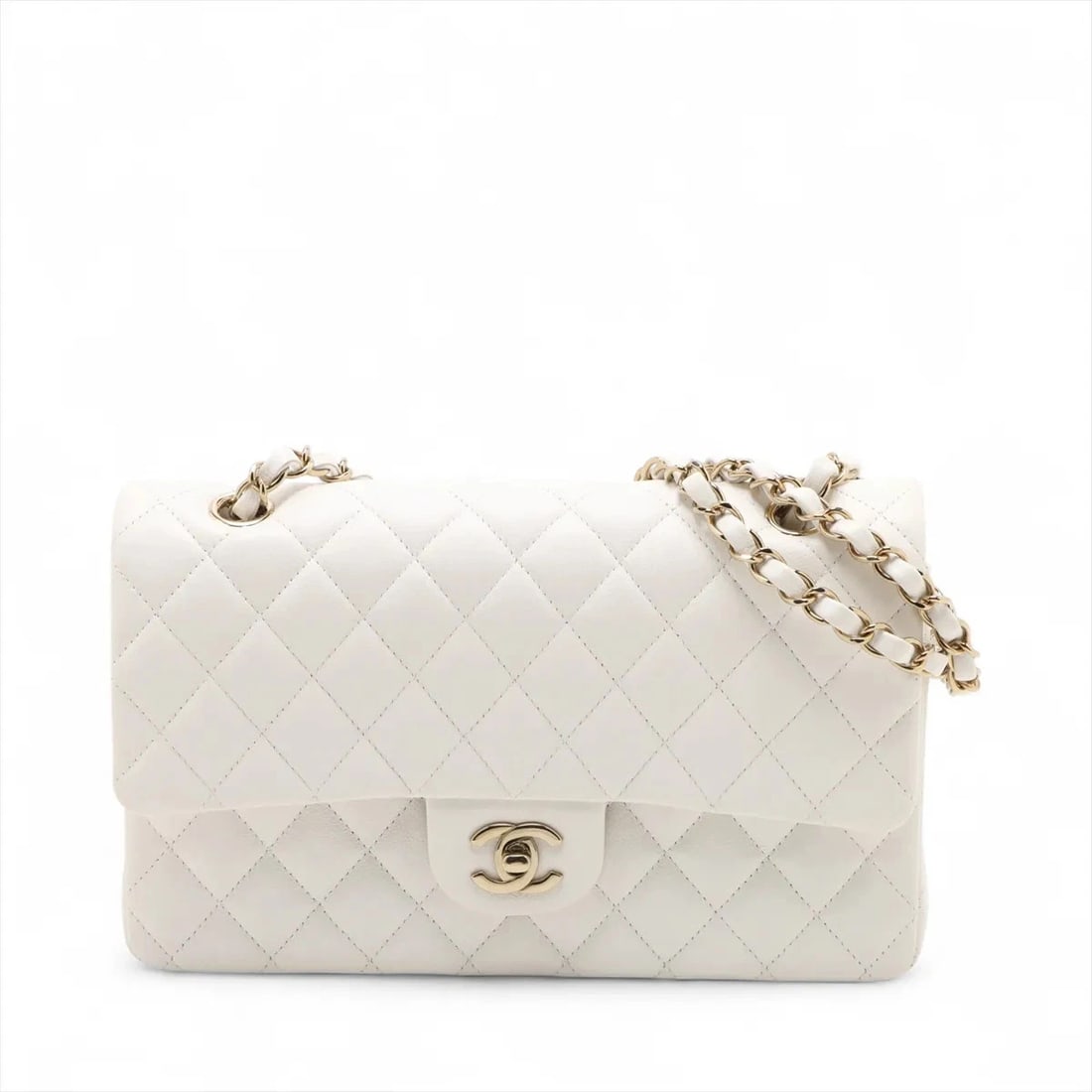 CHANEL MATELASSE 25 GRAINED CALFSKIN DOUBLE CHAIN BAG: Chanel Matelasse 25 Grained Calfskin Double Chain Bag Brand: Chanel Type/Style: Shoulder bag Material: Caviar Skin Color: White Size: Height:6.3inchLength:9.8inchDepth:2.6inch Accessories: None