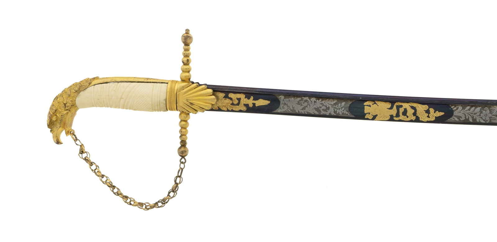 U.S. EAGLE HEAD STAFF SWORD WITH SCABBARD: U.S. Eagle Head Staff Sword with scabbard Size: a 31.5" blade Description: Circa 1830, with a 31.5" blade, two thirds of the blade have a beautiful deep blue with etched and gilded foliate. Chain is a