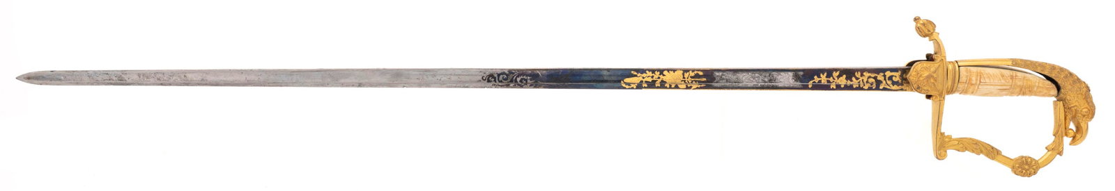 EAGLE HEAD OFFICER SABER: Eagle Head Officer Saber Size: Description: Made in 1830. This sword has a blue and gilded 30? blade. Both the hilt and the scabbard are gilded as well. This is a very fine eagle head with a bone