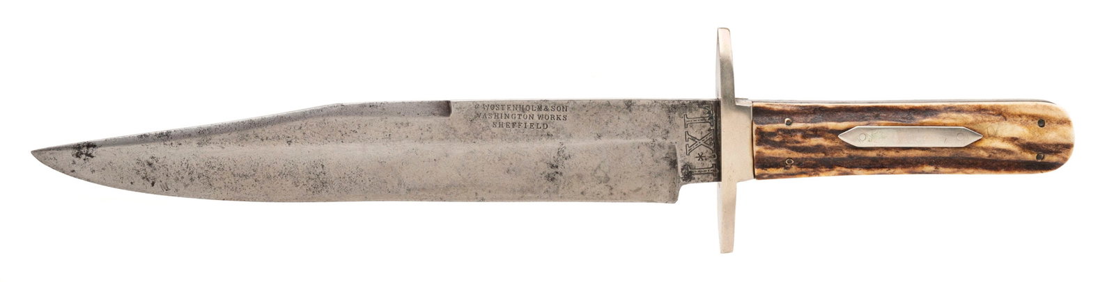 WOSTENHOLM & SON BOWIE KNIFE: Wostenholm & Son Bowie Knife Size: Wostenholm & Son Bowie Knife. 9 ?? Blade and 14 5/8? overall length. Description: Wostenholm & Son Bowie Knife. 9 ?? Blade and 14 5/8? overall length. Overall very