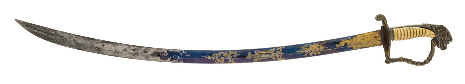 US EAGLE HEAD SWORD: US Eagle Head Sword Size: Total length 36", blade length 31". Description: Circa 1800-1820s. Total length 36", blade length 31". Ivory handle with small chip. Blade has very visible designs with lots 