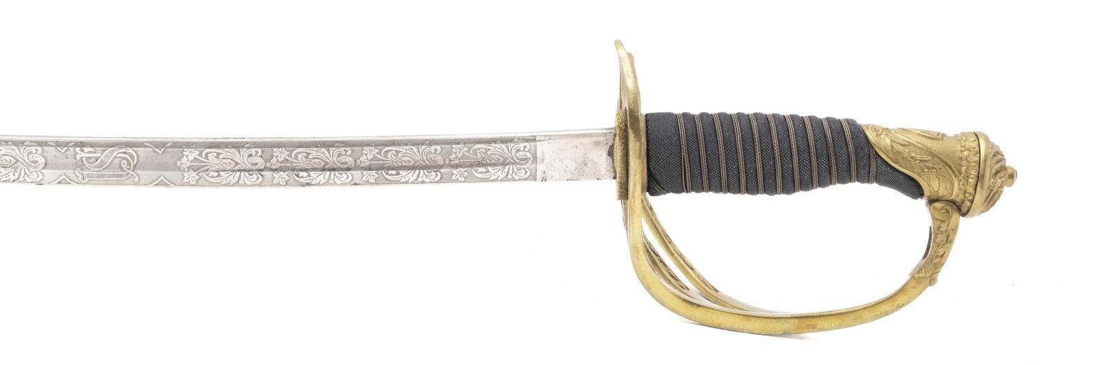 US MODEL 1872 PRESENTATION SWORD: US Model 1872 Presentation Sword Size: 34? nickel plated blade with acid etching Description: 34? nickel plated blade with acid etching. Hilt is cast brass. Grip is wire wrapped shark skin. Scabbard