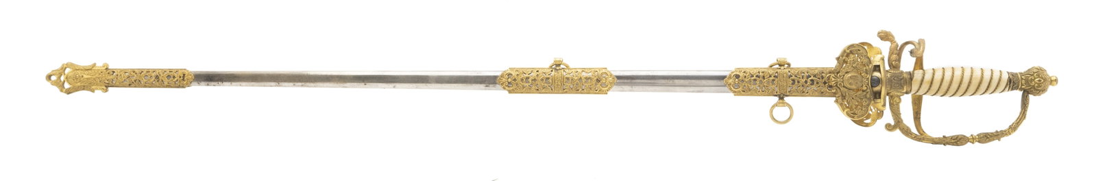 BEAUTIFUL PRESENTATION GRADE 1860 STAFF & FIELD SWORD BY SHANNON, MILLER & CRANE: Beautiful Presentation Grade 1860 Staff & Field Sword by Shannon, Miller & Crane Size: 30? blade with acid etching and gilding. Etching has patriotic Motifs on both sides. . Sword is 37? overall