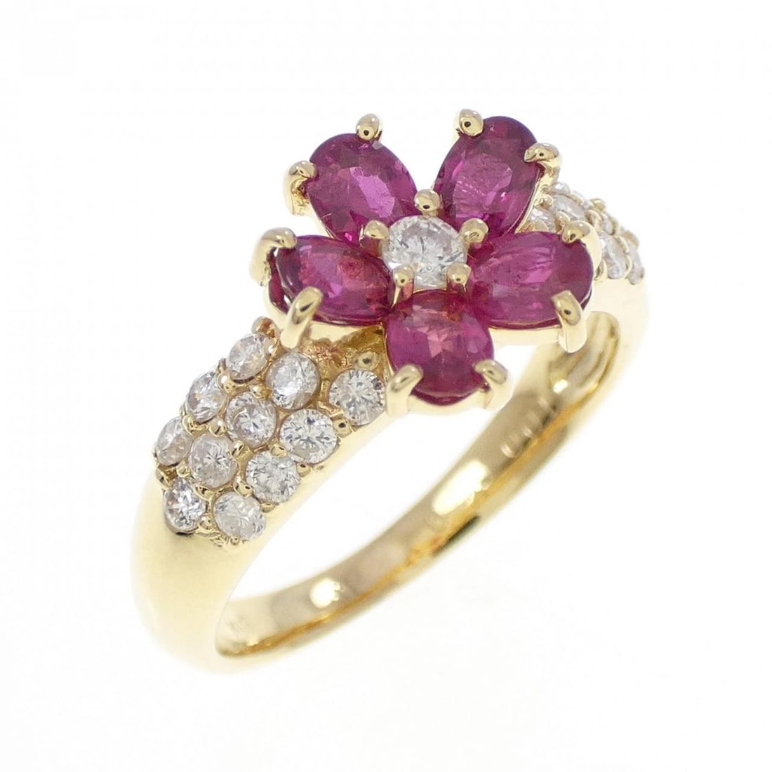 K18YG FLOWER RUBY RING: K18YG Flower Ruby Ring Brand: Unbranded Type/Style: Ruby Ring Material: 18K Yellow Gold, Main Stone/Creation RubySecondary Stone Diamond Color: Yellow Gold Size: US 5 1/4 Accessories: None