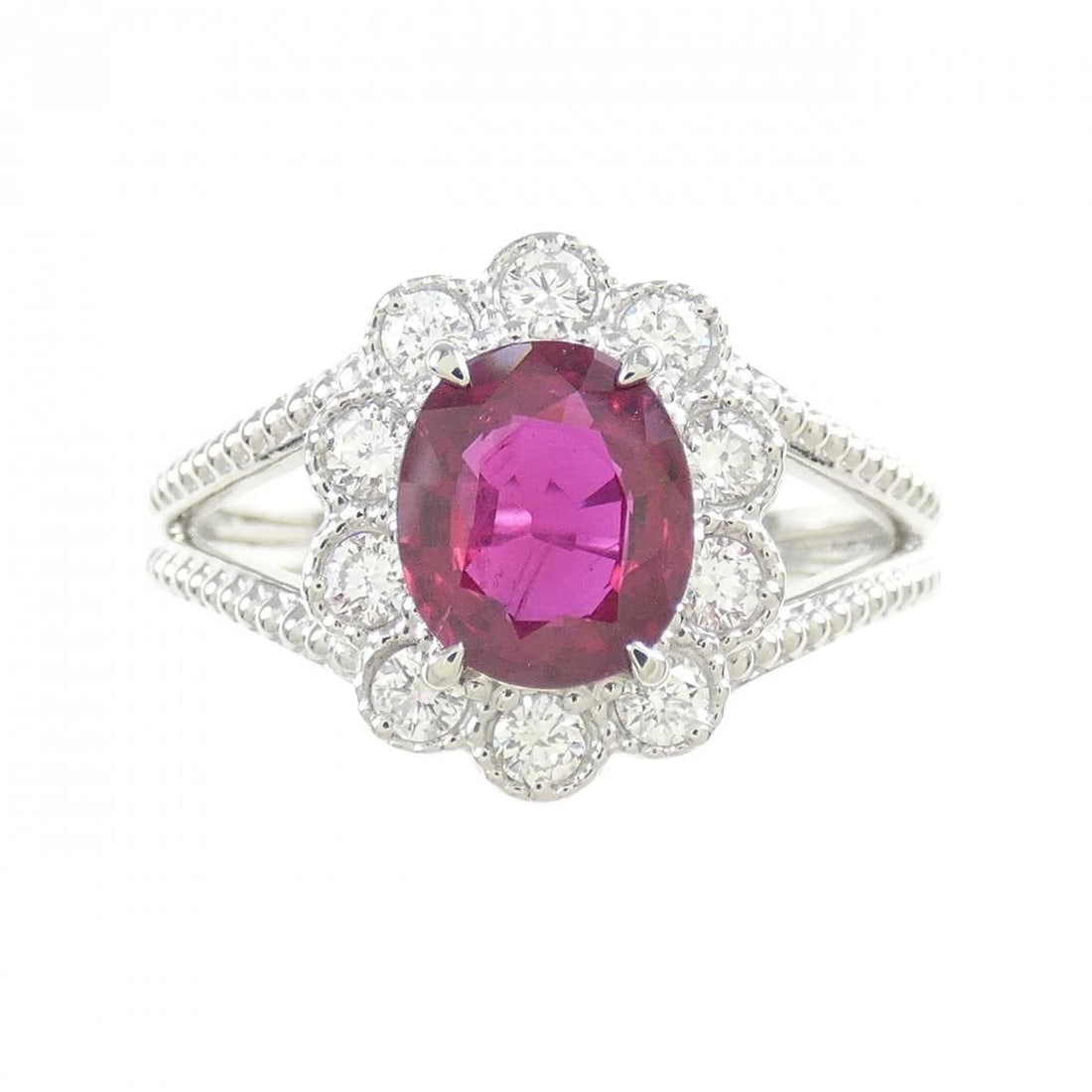 PT900 RUBY RING: PT900 Ruby Ring Brand: Unbranded Type/Style: Ruby Ring Material: PT900, Main Stone/Creation RubySecondary Stone Diamond Color: Silver Size: US 6 Accessories: None Accessories Notice: When purchasing