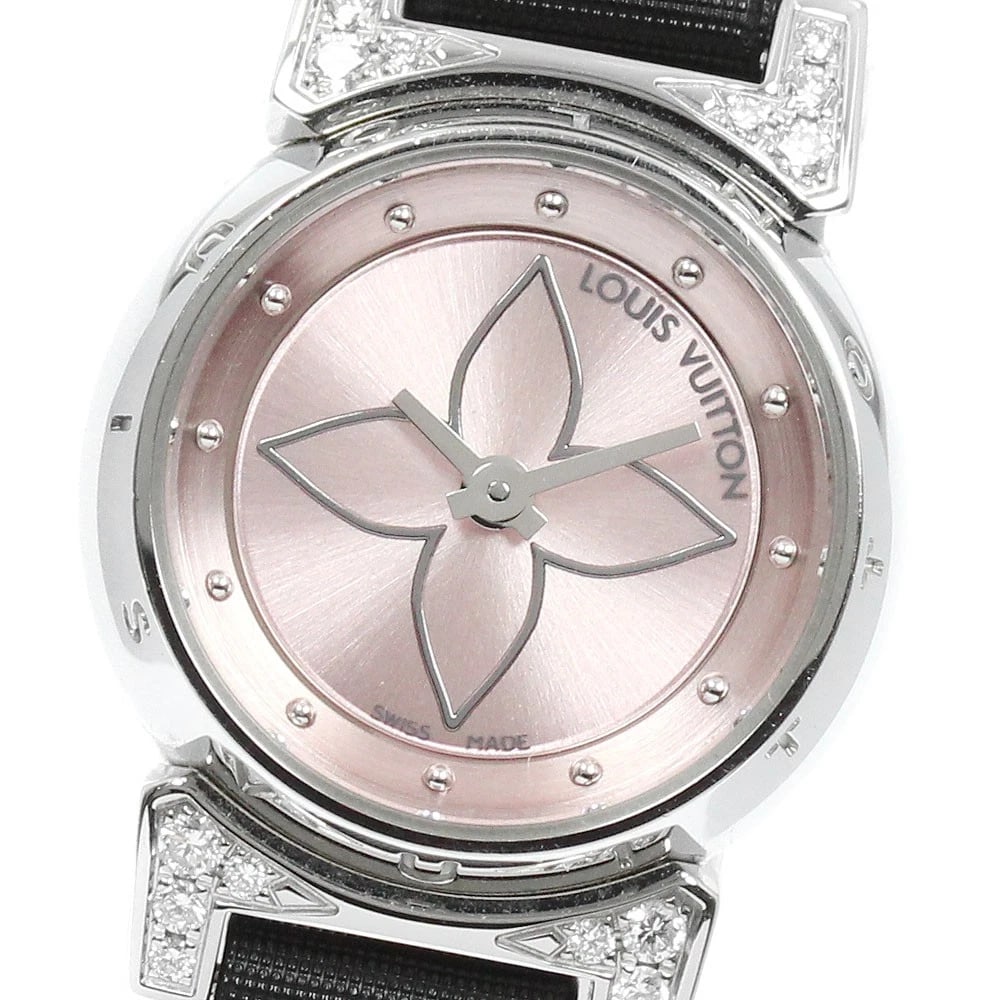 LOUIS VUITTON TAMBOUR BIJOU RUG DIAMOND QUARTZ WATCH: LOUIS VUITTON Tambour Bijou Rug Diamond Quartz Watch Brand: LOUIS VUITTON Type/Style: Wristwatch Material: Band Material Nylon / leather, Case Material Stainless Steel Color: Band Color black, Case Co