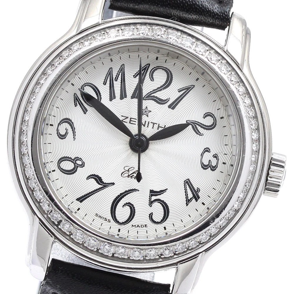 ZENITH BABY STAR DIAMOND BEZEL WATCH: ZENITH Baby Star Diamond Bezel Watch Brand: ZENITH Type/Style: Wristwatch Material: Band Material leather, Case Material Stainless Steel Color: Band Color black, Case Color Silver, Dial Color Silver S