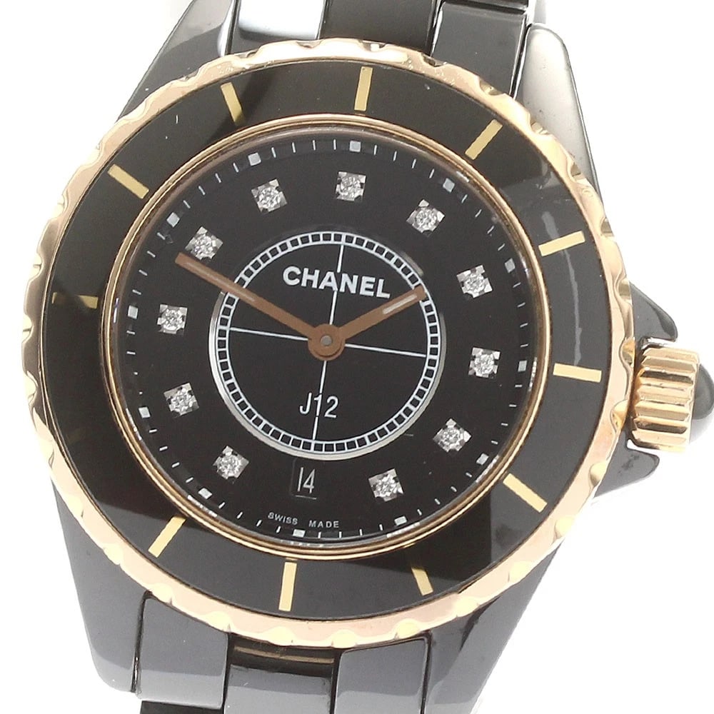 CHANEL BLACK CERAMIC DIAMOND YG BEZEL QUARTZ WATCH: CHANEL Black Ceramic Diamond YG Bezel Quartz Brand: CHANEL Type/Style: Wristwatch Material: Band Material ceramic, Case Material Ceramic / YG Color: Band Color black, Case Color Black / Silver, Dial C