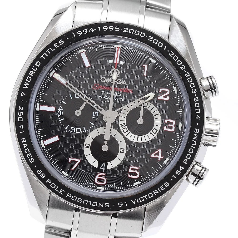 OMEGA SPEEDMASTER SCHUMACHER MODEL WATCH: OMEGA Speedmaster Schumacher Model Brand: OMEGA Type/Style: Wristwatch Material: Band Material Stainless Steel, Case Material Stainless Steel Color: Band Color Silver, Case Color Silver, Dial Color bl