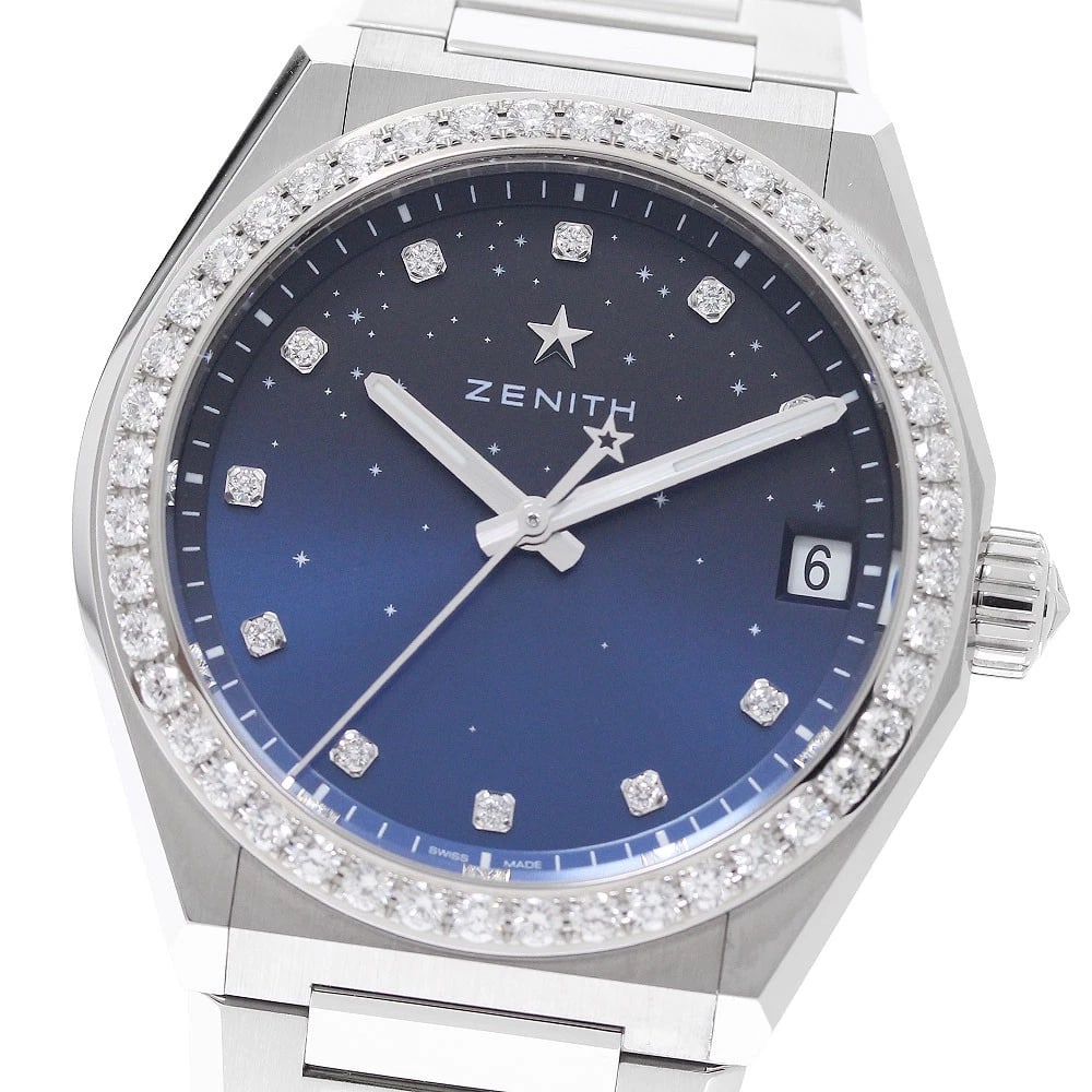 ZENITH DEFY MIDNIGHT DIAMOND BEZEL WATCH: ZENITH Defy Midnight Diamond Bezel Brand: ZENITH Type/Style: Wristwatch Material: Band Material Stainless Steel, Case Material Stainless Steel Color: Band Color Silver, Case Color Silver, Dial Color B