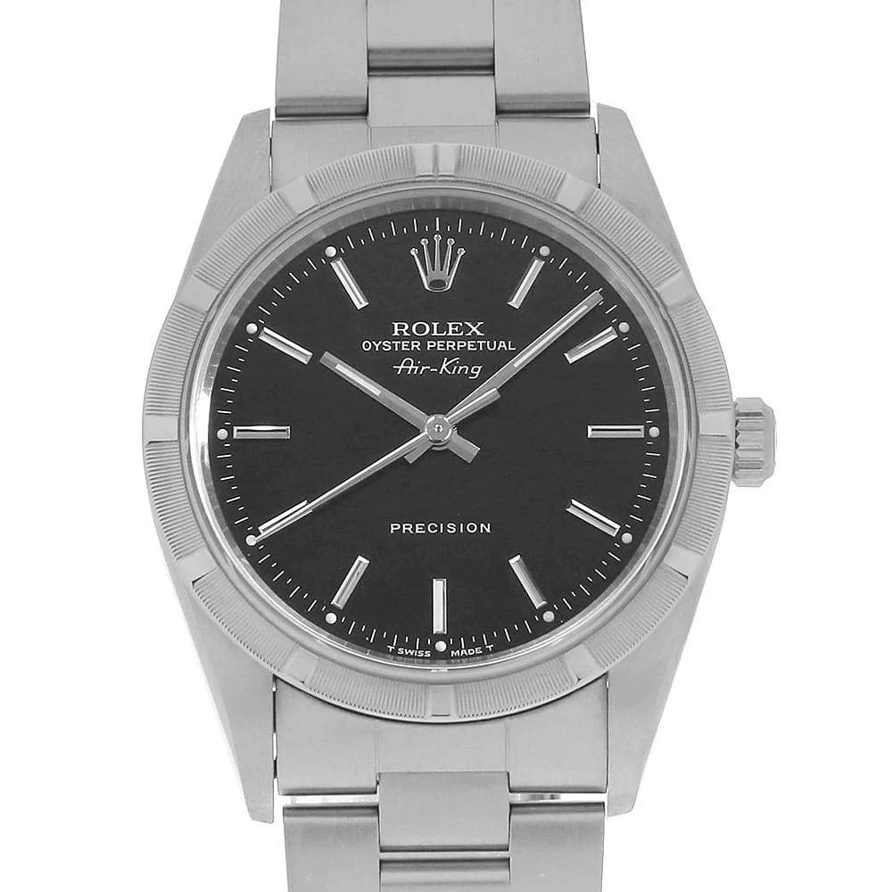 ROLEX AIR KING BLACK WATCH: ROLEX Air king black Brand: ROLEX Type/Style: Wrist watch Material: Band Material Stainless Steel, Case Material Stainless Steel Color: Dial Color Black Size: Case Size Case:W34mm Circumference of