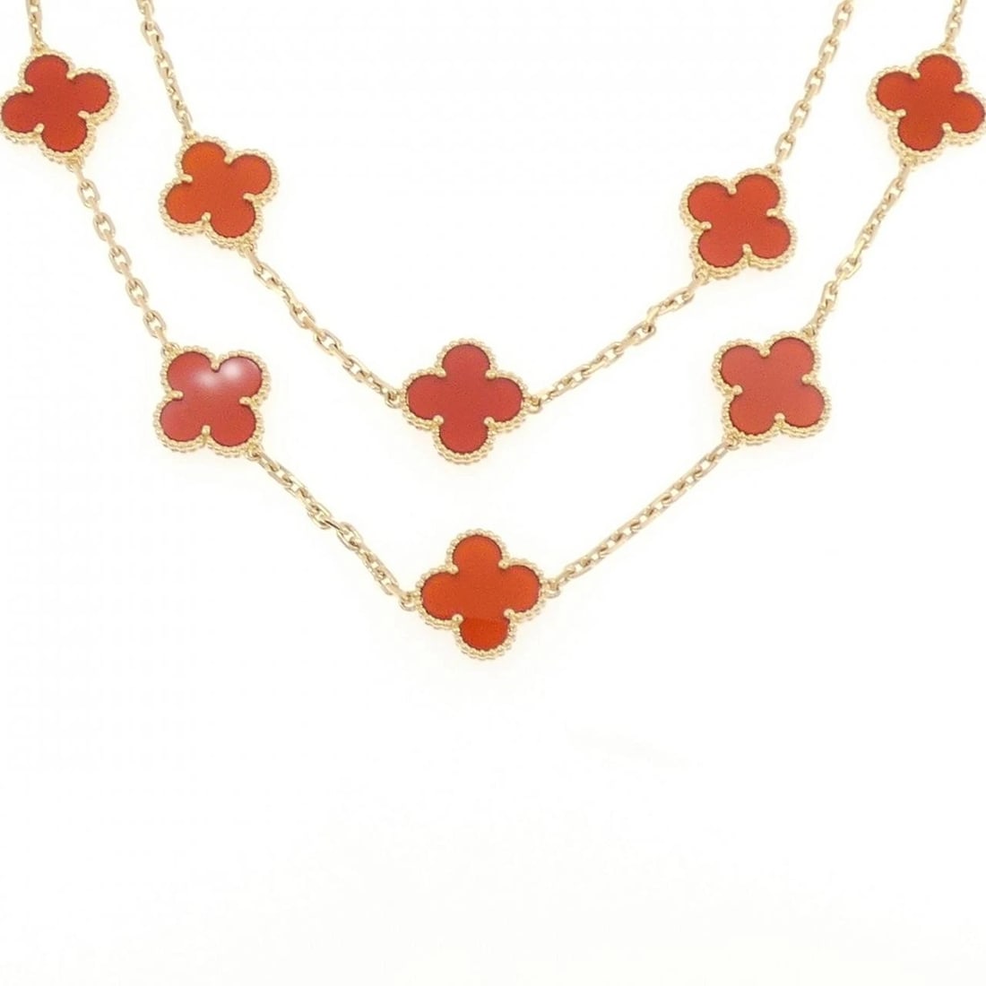 VAN CLEEF & ARPELS ALHAMBRA 20 MOTIF NECKLACE: Van Cleef & Arpels Alhambra 20 Motif Necklace Brand: Van Cleef & Arpels Type/Style: Van Cleef & Arpels Necklace Material: 750 yellow gold, Main Stone Carnelian Color: yellow gold Size: Length 84cm Act